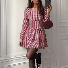 Long-sleeve plaid open-back bow dress