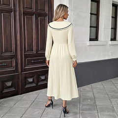 Color-block sailor-collar dress with lantern sleeves