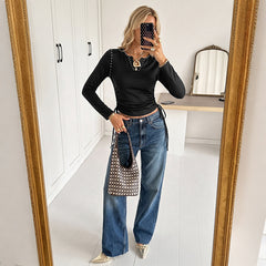 Long-sleeve T-shirt with beaded detailing and a drawstring waist.