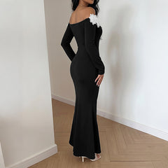 3D floral off-shoulder long-sleeved fitted waist dress