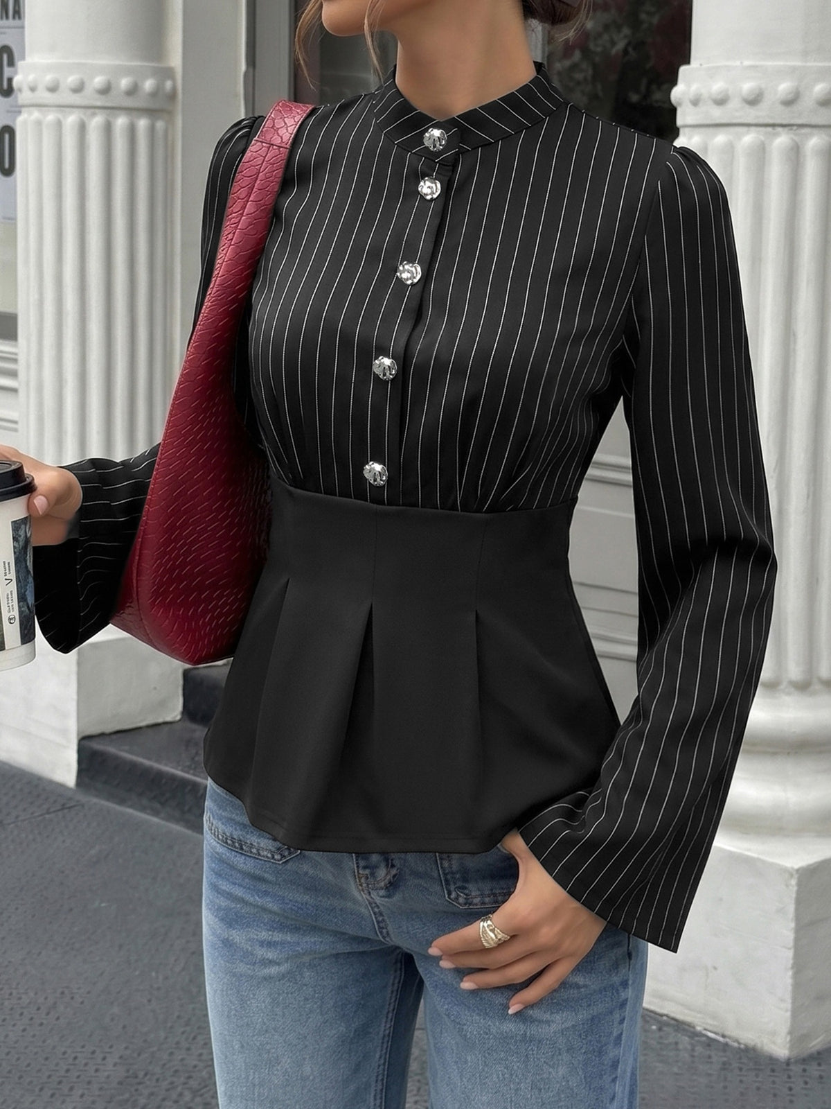 Striped Long-Sleeve Work Shirt with Paneled Waist Detail