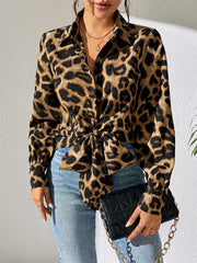 Blouses Leopard Print Bubble Long Sleeve Buttons Blouses