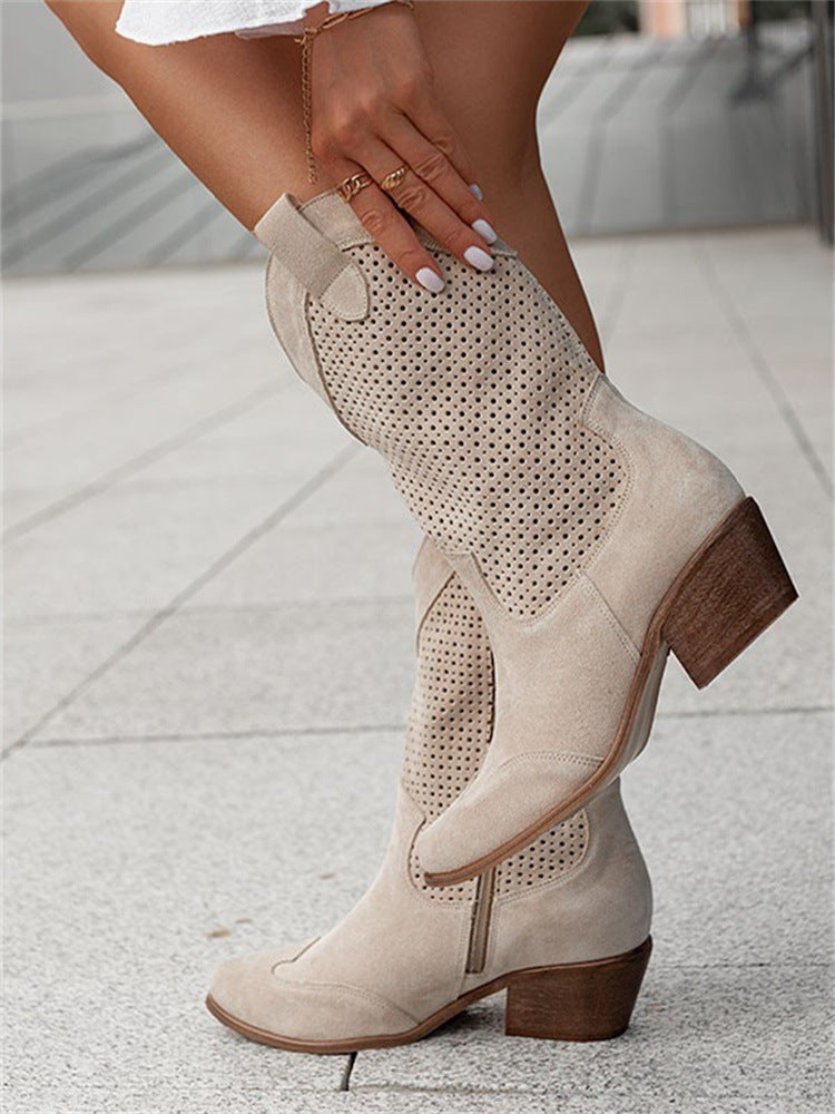 Mid-Heeled Suede Low Boots