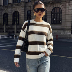 Drop-shoulder long-sleeved round neck striped sweater