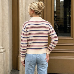 Colorful striped polo collar cardigan long-sleeved knit sweater