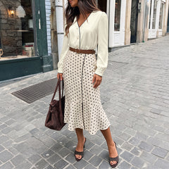 Satin shirt and polka-dot skirt set