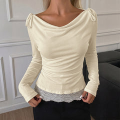 Fitted long-sleeve T-shirt with cowl neck and lace detailing
