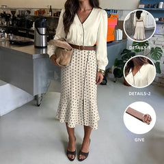 Satin shirt and polka-dot skirt set