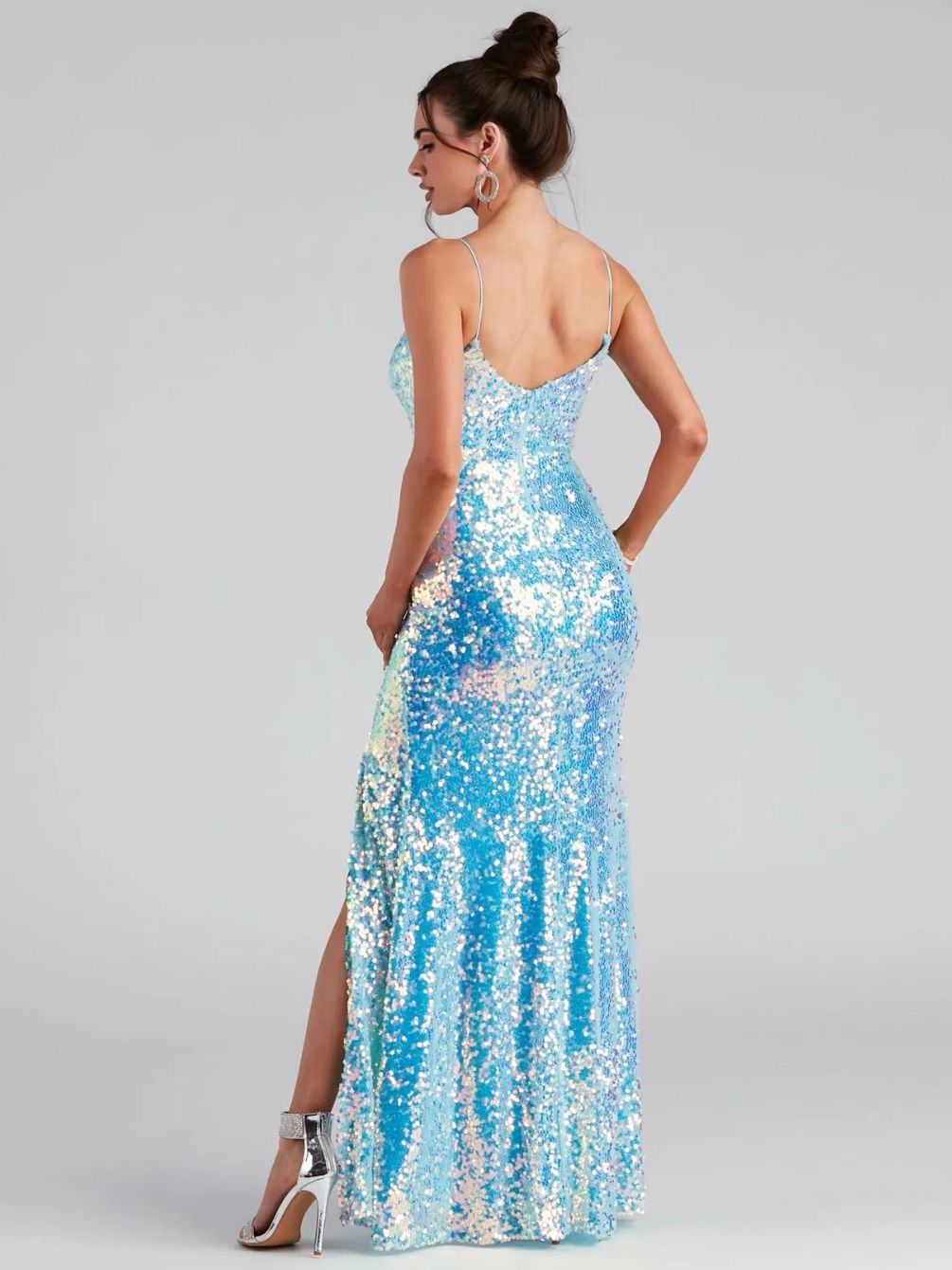Spaghetti Straps Backless High Slit Slim Fit Sequin Gown