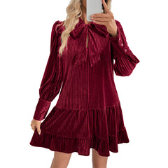 Solid-color velvet dress with a bow-tie collar