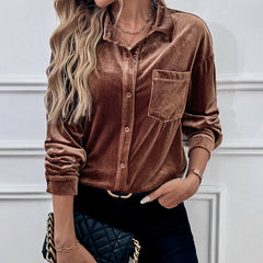Solid-color collared lantern-sleeve shirt
