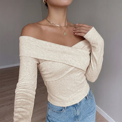 Solid-color off-the-shoulder T-shirt with a crossover neckline