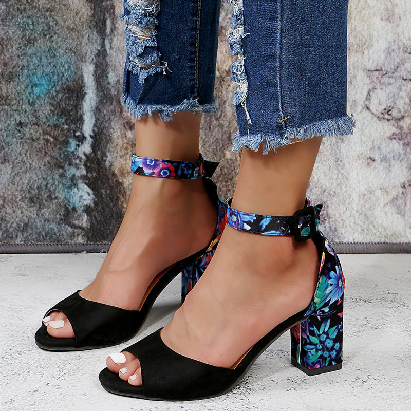 Colorful 3D Flowers Snake Embossed Ankle Strap Heels