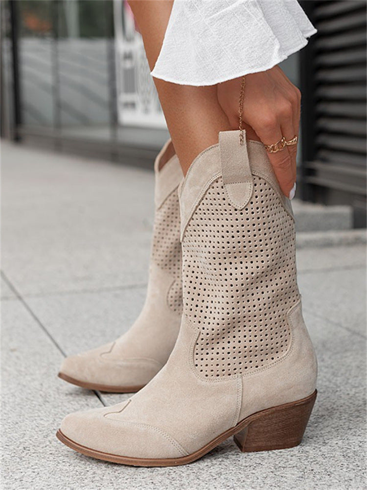 Mid-Heeled Suede Low Boots