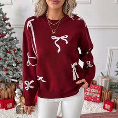 Bow-jacquard beaded crew-neck knit top