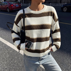 Drop-shoulder long-sleeved round neck striped sweater