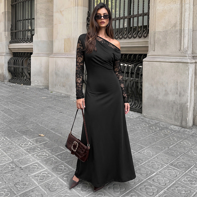 Black one-shoulder long-sleeve lace dress