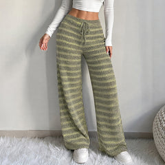 Color-block striped straight-leg wide-leg trousers with a tie-waist