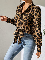 Blouses Leopard Print Bubble Long Sleeve Buttons Blouses