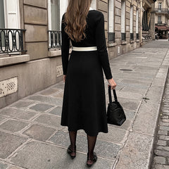 Black and White Color-Block V-Neck Waist-Defining Dress