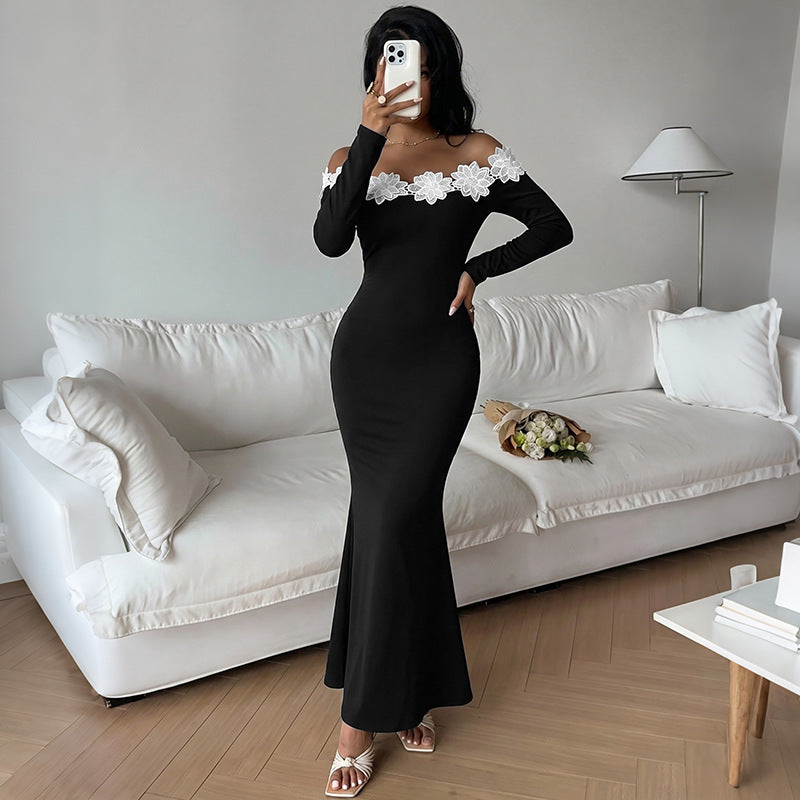 3D floral off-shoulder long-sleeved fitted waist dress