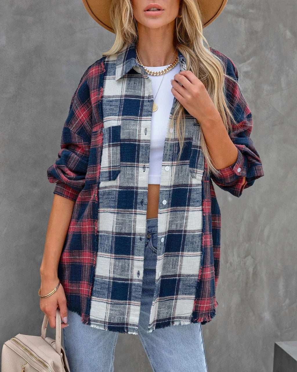 Giorgio Cotton Blend Crop Plaid Button Down Top