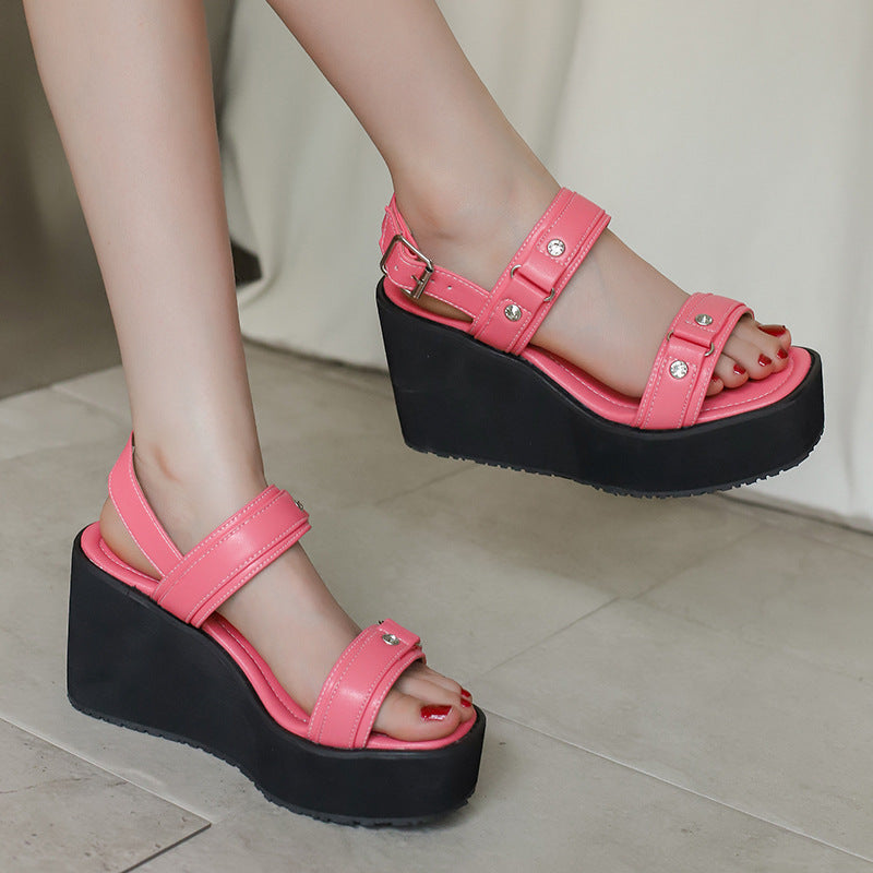 Wedge-Heeled Platform Open-Toe Studded Sandals