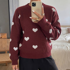 Oversized Crew-Neck Sweater with Heart Jacquard Pattern
