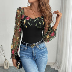 Patchwork mesh see-through backless embroidered long-sleeved bodysuit