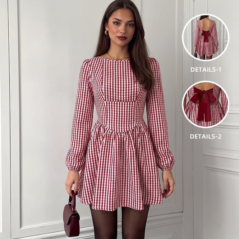 Long-sleeve plaid open-back bow dress