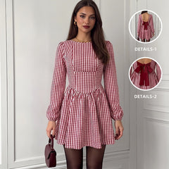 Long-sleeve plaid open-back bow dress