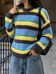 Color-block striped crew-neck sweater in faux mink-effect knit