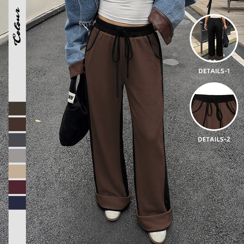 High-waisted straight-leg wide-leg sweatpants with pockets and cuffed hems