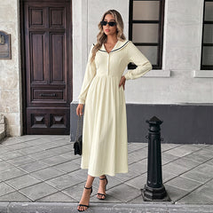 Color-block sailor-collar dress with lantern sleeves