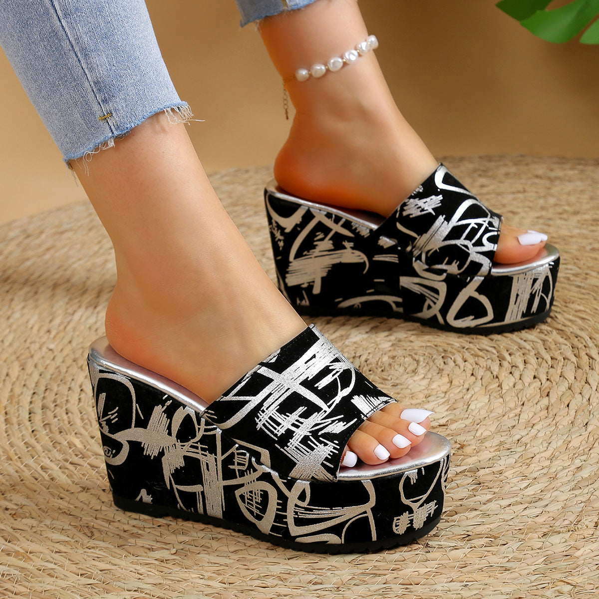 Ins Style Waterproof Platform Thick Heel Casual Slippers