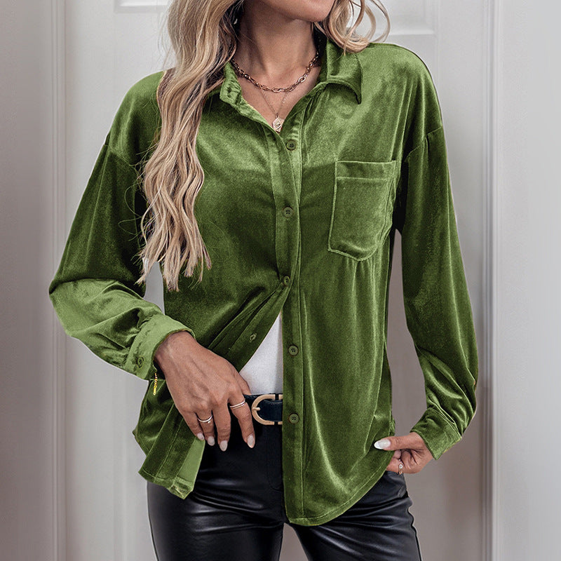 Solid-color collared lantern-sleeve shirt