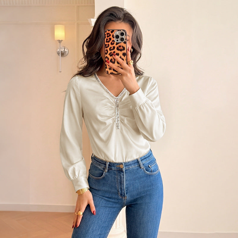 Sequined V-neck ruched satin bodysuit