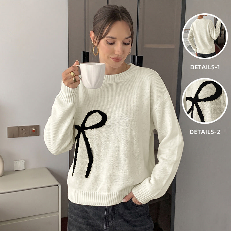 Color-block bow jacquard crew-neck sweater