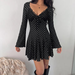 Polka-dot lace V-neck dress with flared sleeves and a fitted waist
