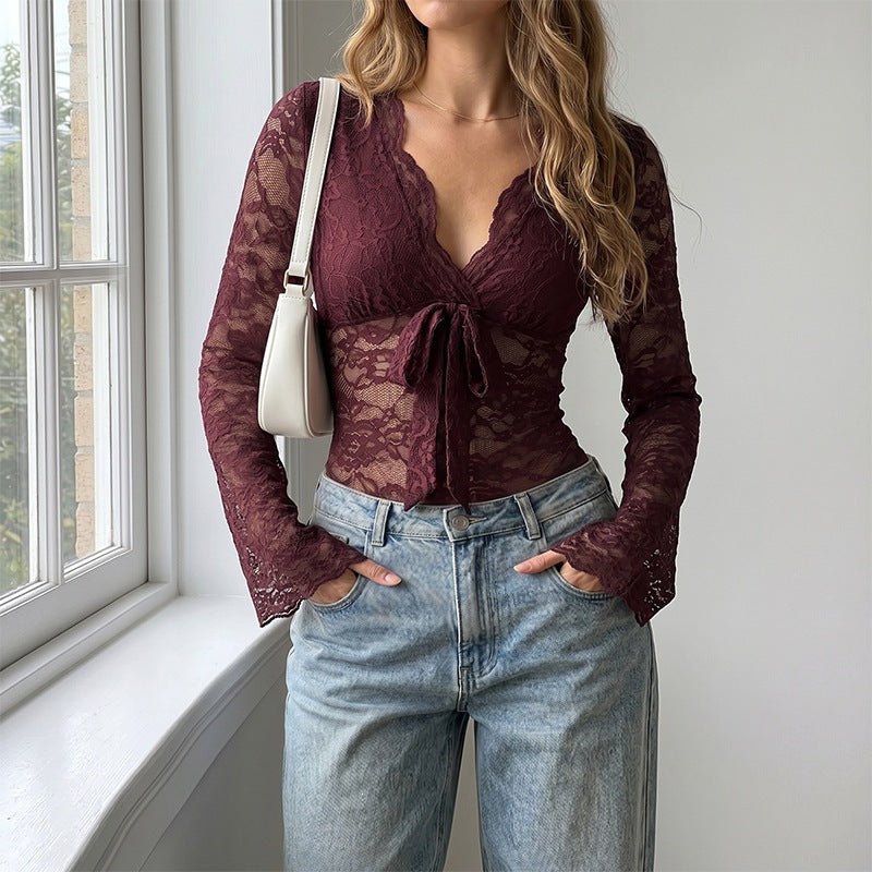 Deep V-neck lace long-sleeve bodysuit with tie detail
