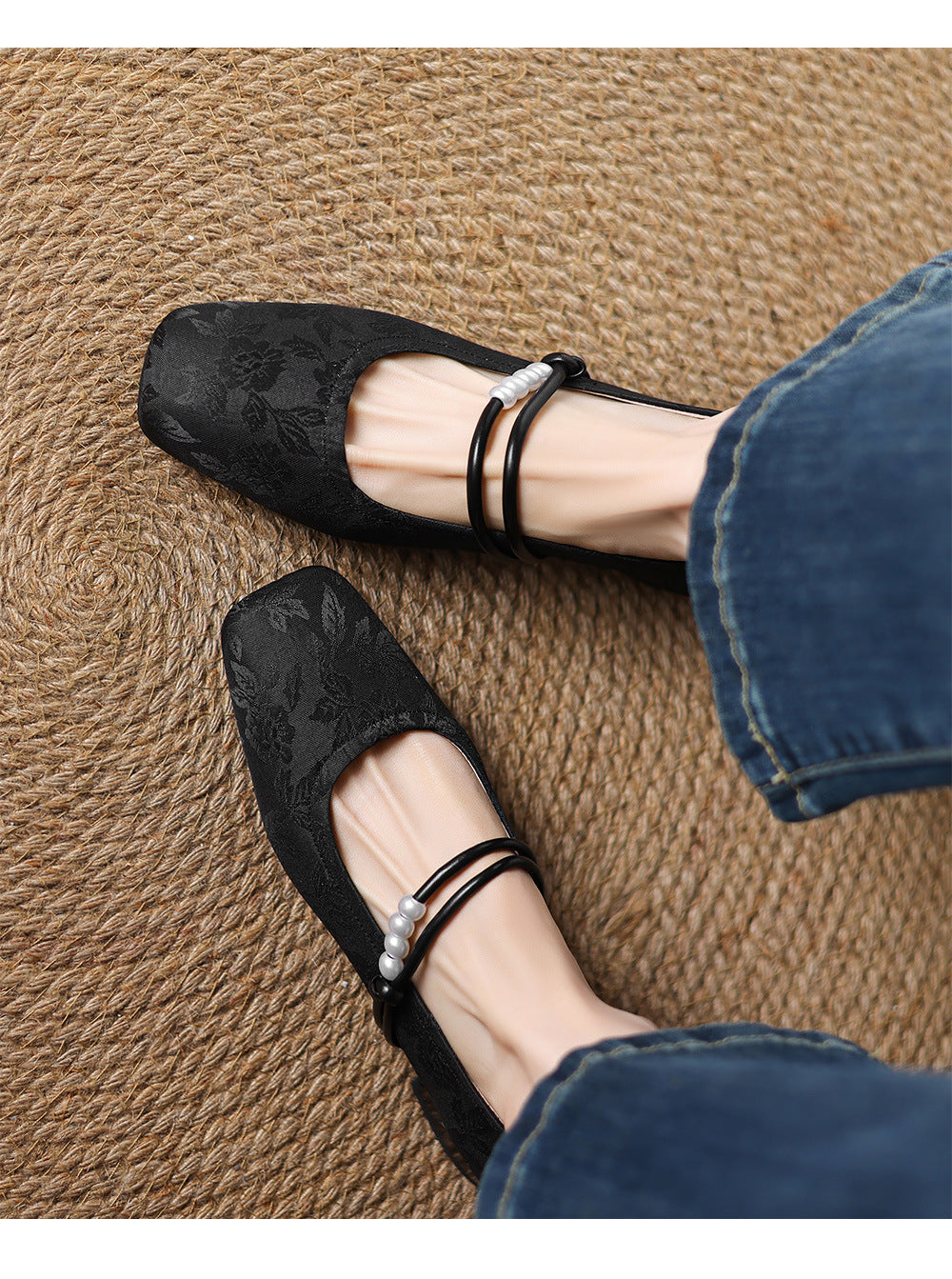 Square Floral Print Mid Block Heel Shoes