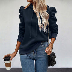 Solid-color hooded sweatshirt with stylish puff sleeves