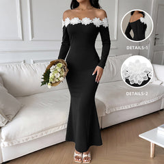 3D floral off-shoulder long-sleeved fitted waist dress