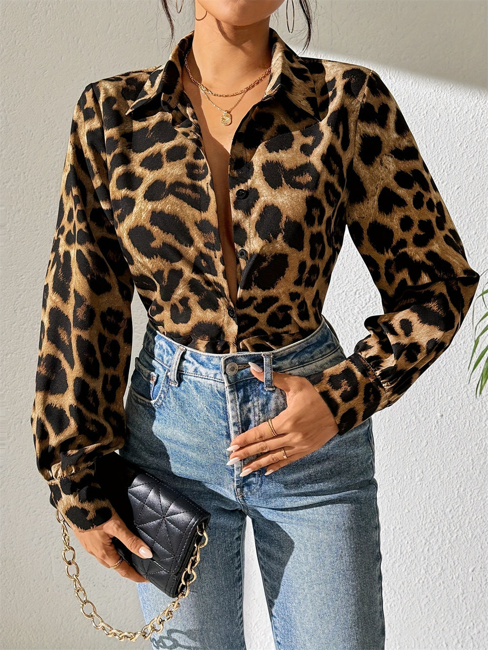 Blouses Leopard Print Bubble Long Sleeve Buttons Blouses