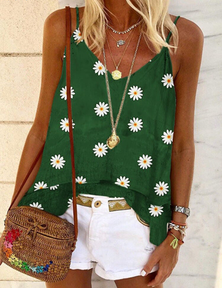 V-Neck Strap With Small Daisy Print Tank Tops