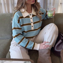 Striped knit polo sweater with a half-button placket