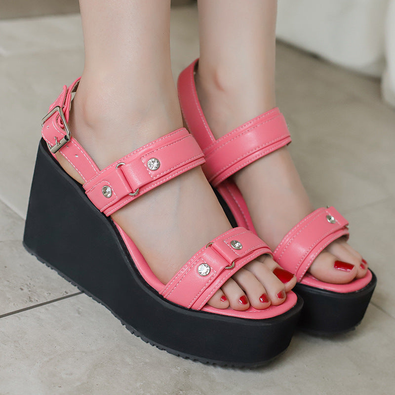Wedge-Heeled Platform Open-Toe Studded Sandals