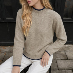 Solid color simple knit sweater with contrasting trim