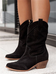 Mid-Heeled Suede Low Boots