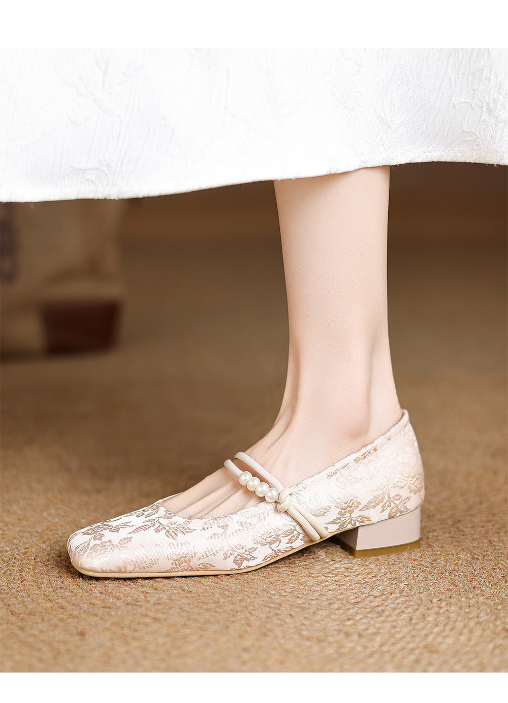 Square Floral Print Mid Block Heel Shoes